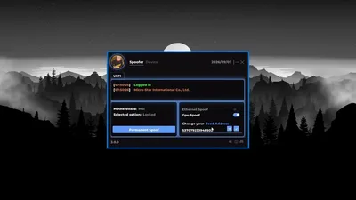 Dark dashboard UEFI tab with permanent spoof toggle, GPU and ethernet switches, and a numeric seed field.