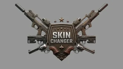 Metallic badge labeled Skin Changer with crossed rifles, revolvers and star accents on a shield shape.